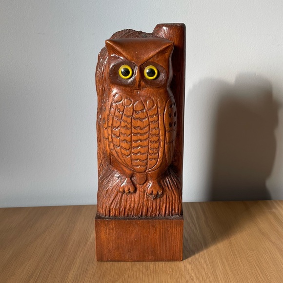 Other - VINTAGE Mid-century Carved Wooden Owl Statue with Yellow Eyes